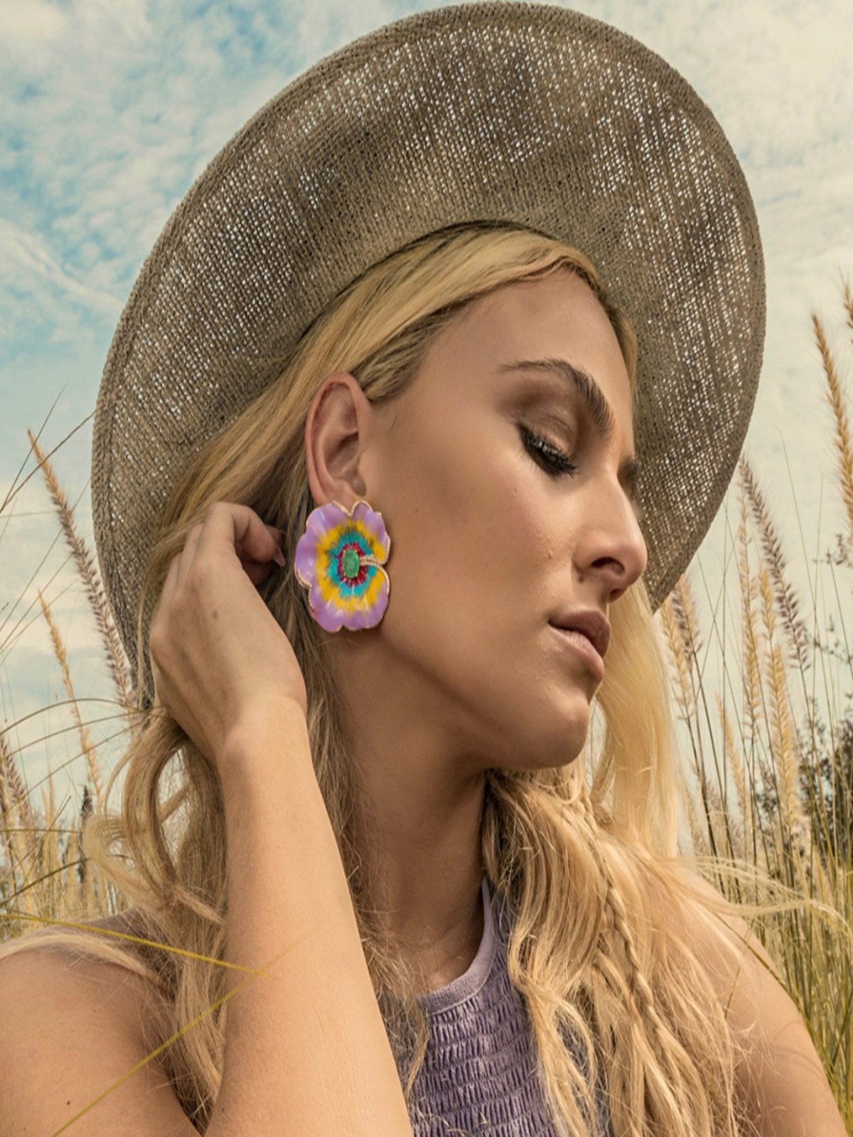 Enamelled Camellia Earring