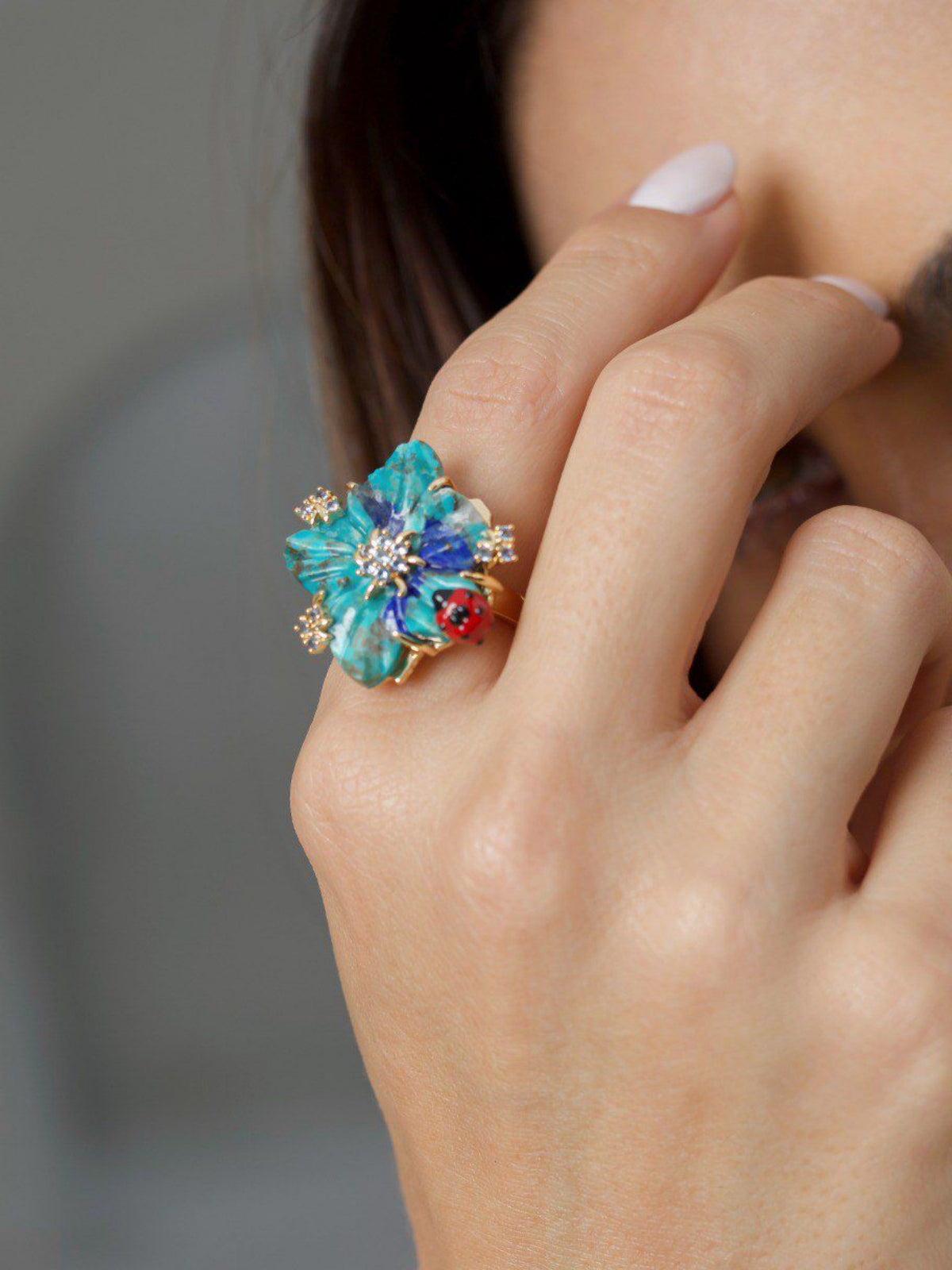 Anel Joaninha Turquesa Ajustável