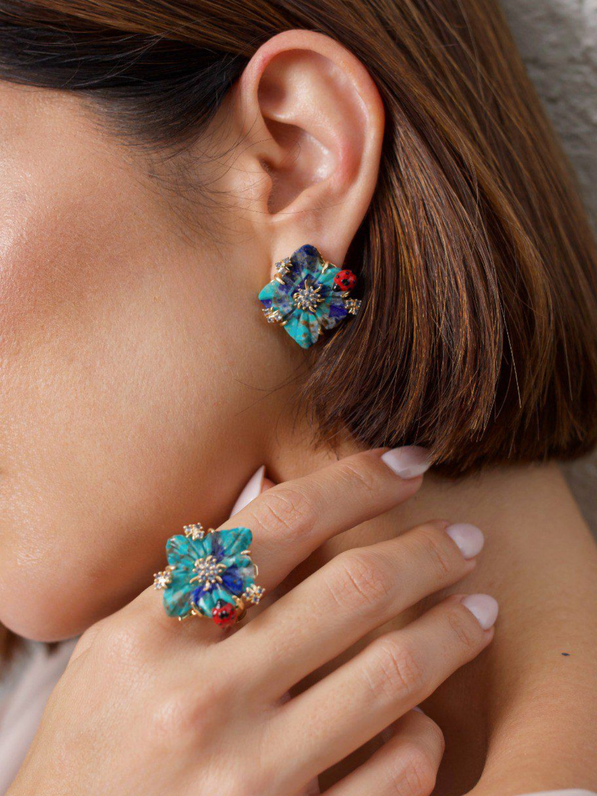 Anel Joaninha Turquesa Ajustável